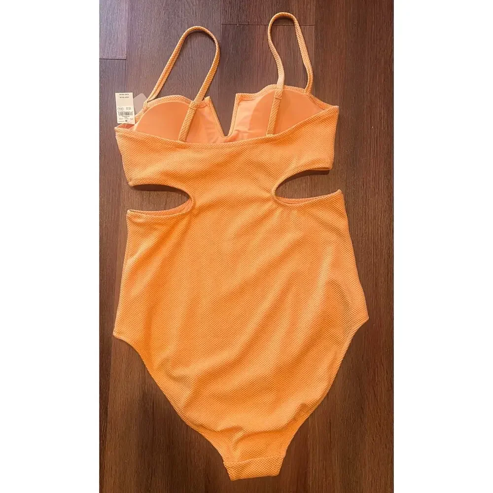 Aerie Shine Pique V-Wire Cut-Out One Piece Swimsuit Peach Orange Textured M NWT